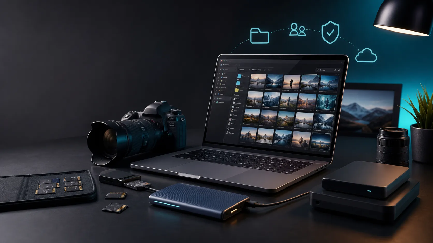 A clean creator workflow desk with camera media, organized files, and editing tools